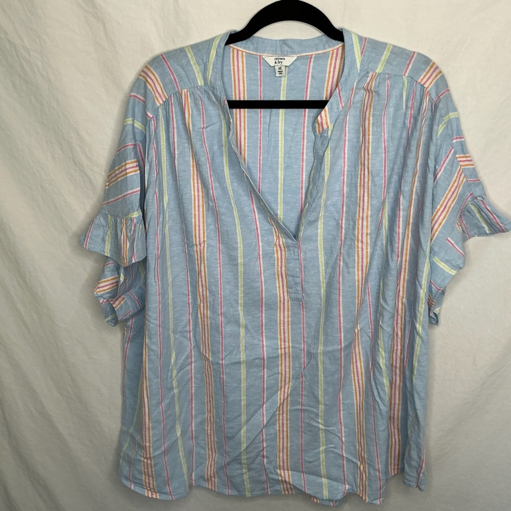 Crown & Ivy Blue Stripe Linen Blend‎ Top Sz 4X Ruffle Sleeve Coastal Beach EUC